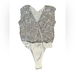 She + Sky Sequin Silver and Cream Sleeveless Bodysuit with Chest Snap Closure, S